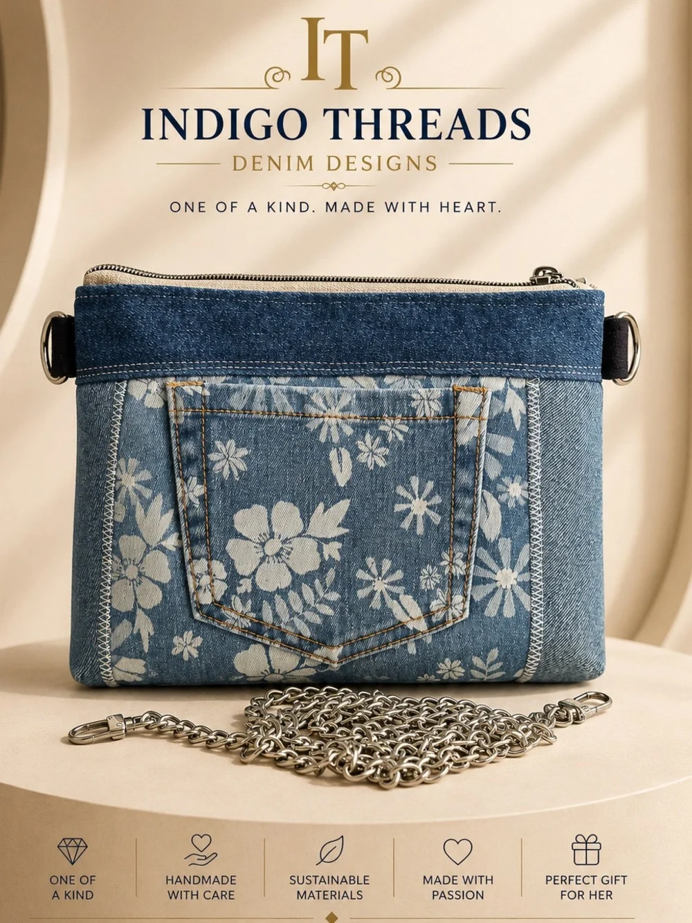 One-of-a-Kind Floral Denim Crossbody Bag